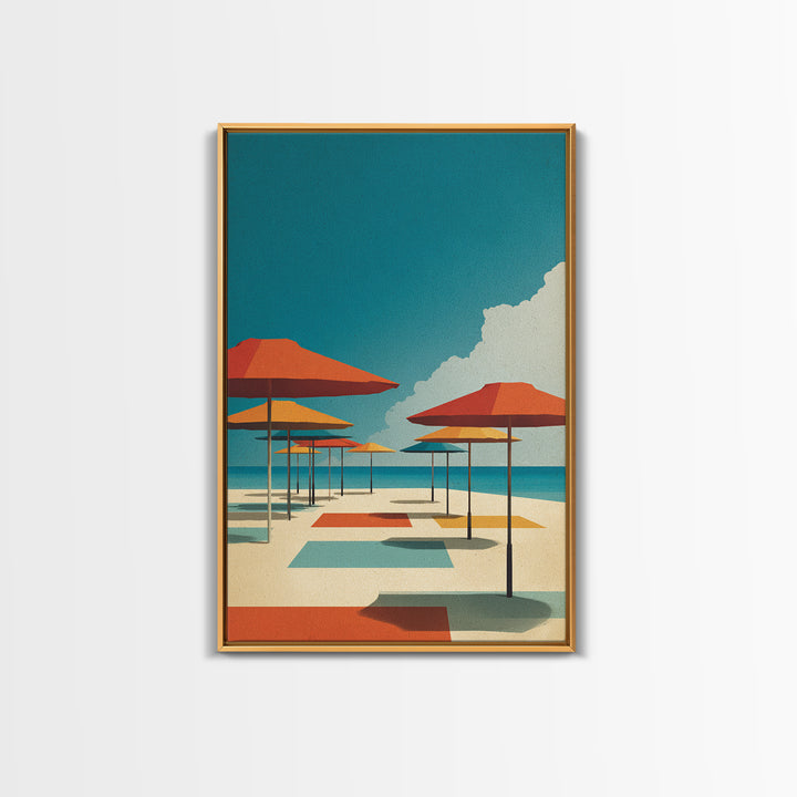 Retro Orange Beach Umbrellas Wall Art, Midcentury Modern Canvas Print, Coastal Poster, Bold MCM Living Room Home Wall Decor