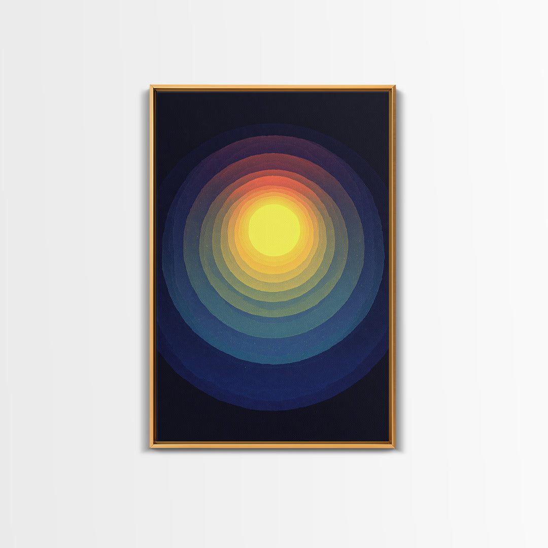 Radiant Yellow Concentric Sun Canvas Print, Midcentury Modern Art, Cosmic Abstract Wall Decor, Blue Retro Living Room Poster