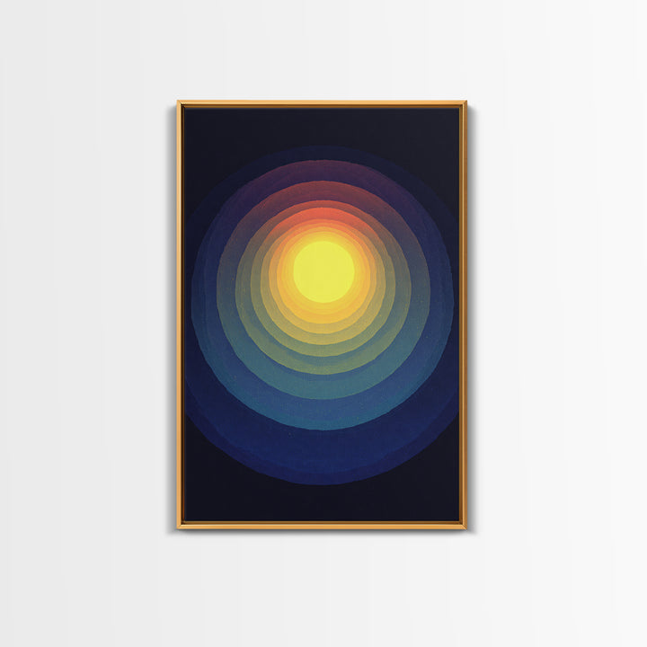 Radiant Yellow Concentric Sun Canvas Print, Midcentury Modern Art, Cosmic Abstract Wall Decor, Blue Retro Living Room Poster