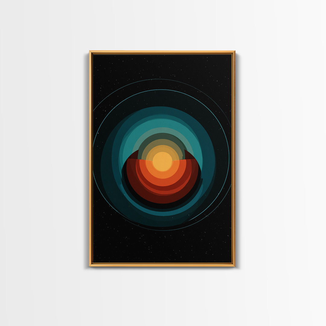 Teal Orange Eclipse Planet Framed Canvas Print, Midcentury Modern Wall Art, Space Abstract Poster, Retro MCM Home Decor Art