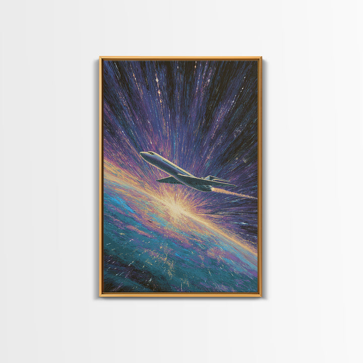 Cosmic Airplane Warp Speed Wall Art, Retro Sci Fi Travel Poster, Modern Art Print, Colorful Space Abstract Office Decor Art