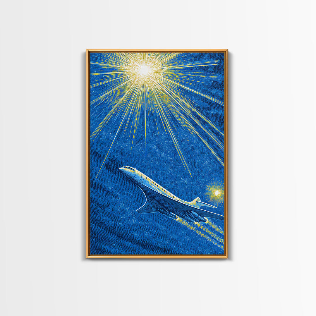 Blue Jet Under Radiant Starburst Framed Canvas Print, Retro Travel Poster, Midcentury Modern Wall Art, Aviation Office Decor
