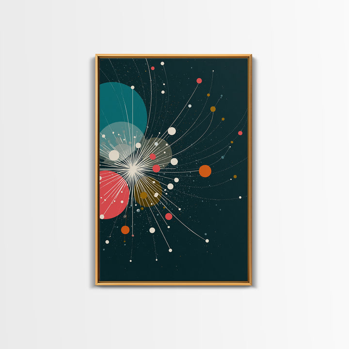 Abstract White Starburst With Floating Orbs Wall Art, Midcentury Modern Abstract Art Print, Teal Retro Space Office Decor