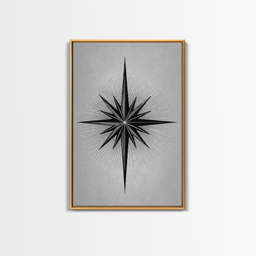 Black Compass Starburst Framed Canvas Print, Midcentury Modern Art, Geometric Wall Decor, Minimalist Art Print, Retro Decor