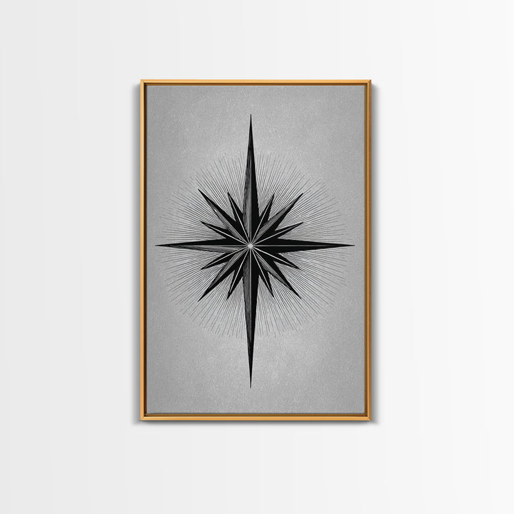 Black Compass Starburst Framed Canvas Print, Midcentury Modern Art, Geometric Wall Decor, Minimalist Art Print, Retro Decor