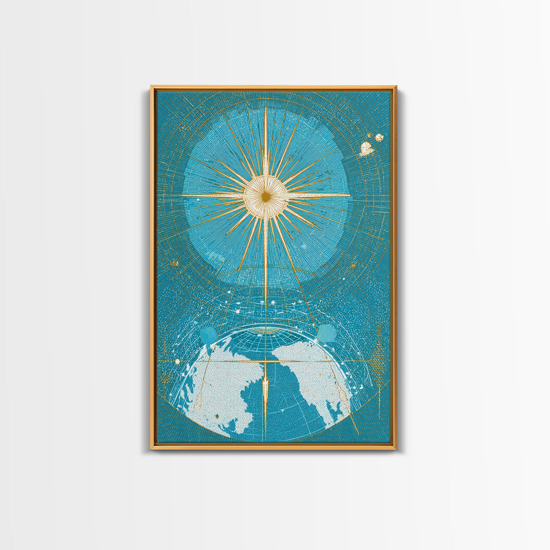 Turquoise Celestial Earth Sunburst Wall Art, Midcentury Modern Space Poster, Atomic Retro Map Print, Blue Office Decor Gift