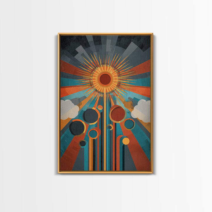 Geometric Solar Eclipse With Retro Planets Wall Art, Midcentury Modern Abstract Poster, Atomic Space Decor, Colorful MCM Print