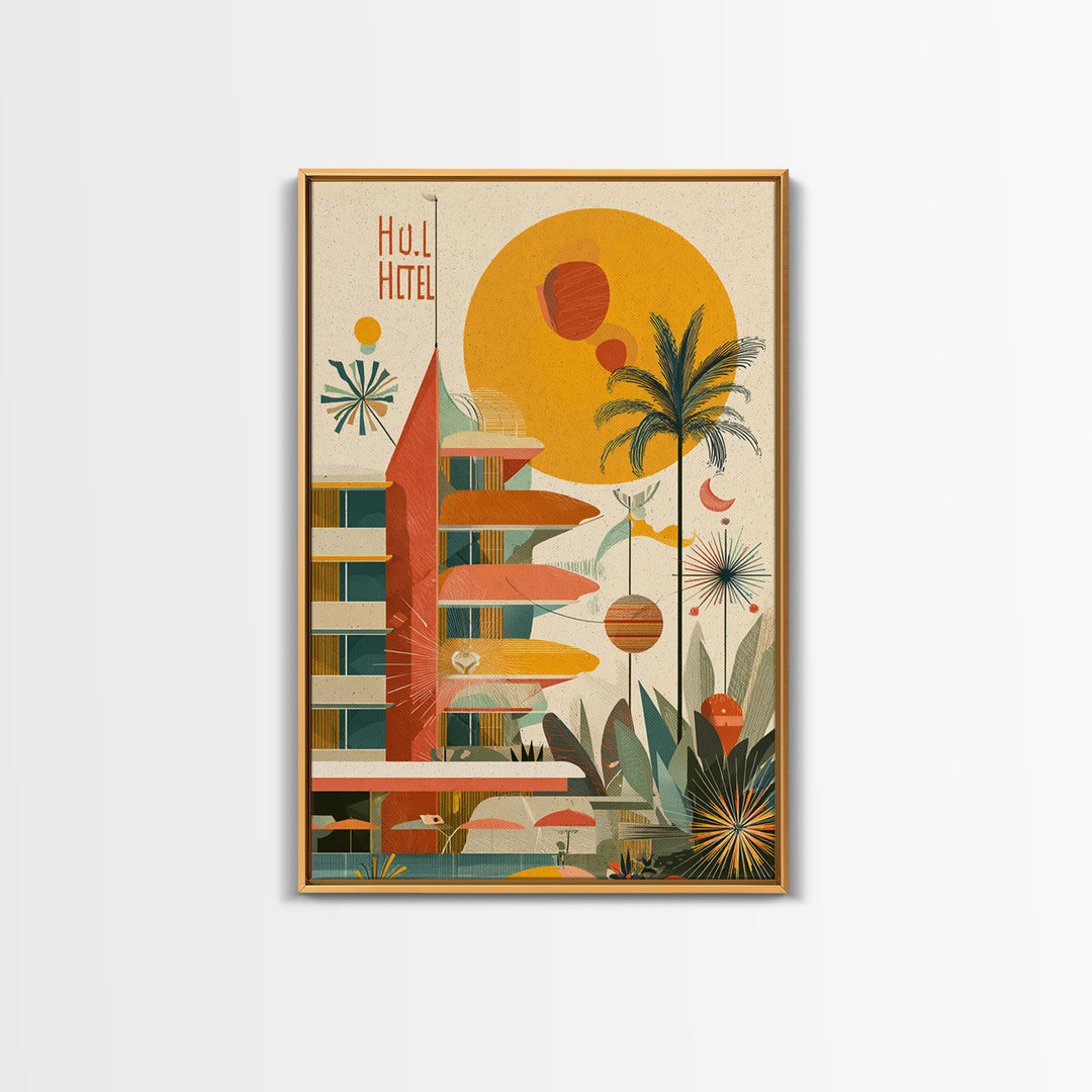 Atomic Hotel With Palms And Sun Canvas Print, Midcentury Modern Wall Art, Retro Palm Springs Poster, Tropical MCM Home Decor
