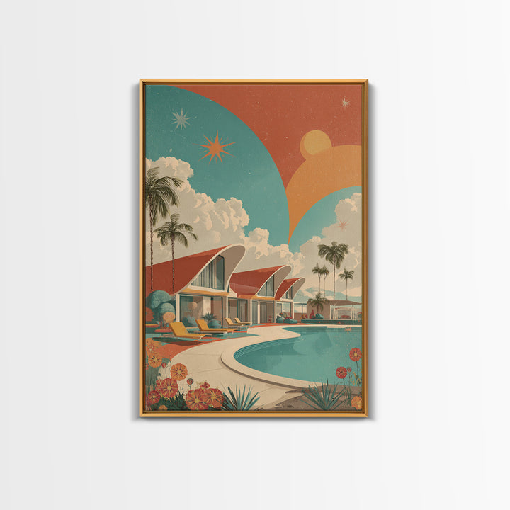 Retro Palm Springs Pool Homes Framed Canvas Print, Midcentury Modern Wall Art, Atomic Ranch Decor, Tropical Sunset Poster
