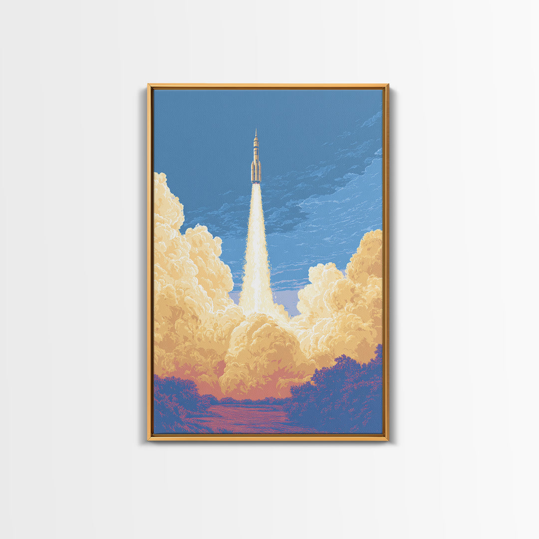 Rocket Launch Through Golden Clouds Wall Art, Retro Space Poster, Sci Fi Wall Decor, Modern Art Print For Office And Man Cave