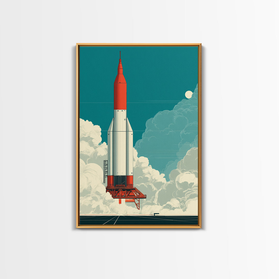 Red Rocket Lift Off In Teal Sky Canvas Print, Retro Space Wall Art, Midcentury Modern Sci Fi Poster, Boys Room Decor Gift