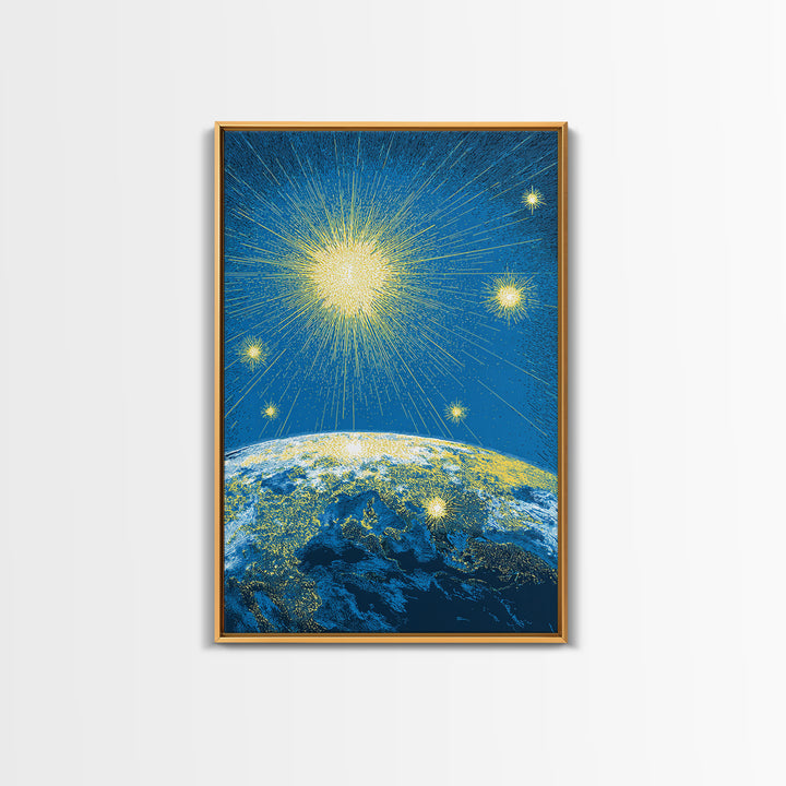 Radiant Earth Horizon Starfield Canvas Print, Midcentury Modern Space Art, Retro Sci Fi Poster, Blue Living Room Decor Gift