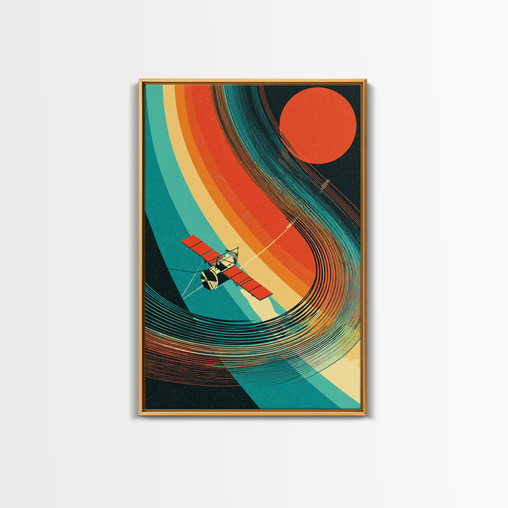 Satellite By Rainbow Planetary Rings, Red Sun Canvas Print, Retro Sci Fi Space Poster, Mid Century Modern Wall Decor Gift