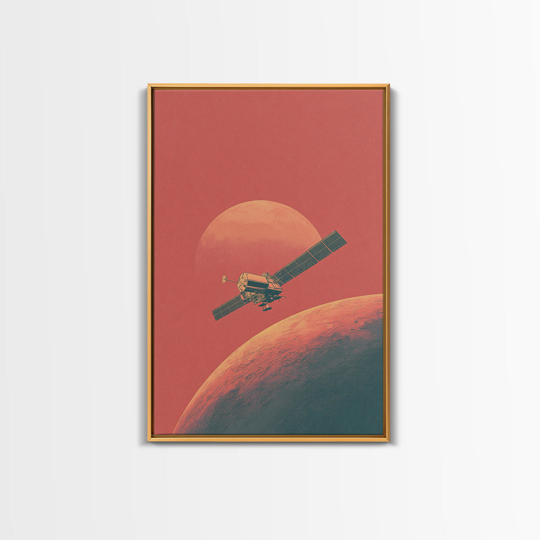 Coral Mars Satellite Over Desert Planet Canvas Print, Minimal Retro Space Poster, Mid Century Modern Home Office Decor Gift