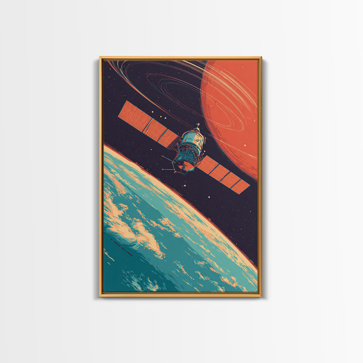 Satellite Orbiting Earth With Ringed Red Planet Framed Canvas Print, Retro Space Poster, Mid Century Modern Wall Decor Gift