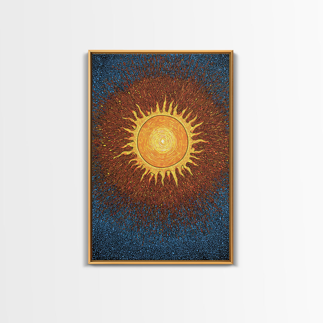 Radiant Orange Sunburst With Blue Texture Canvas Print, Cosmic Wall Art, Mid Century Modern Poster, Groovy Retro Decor Gift