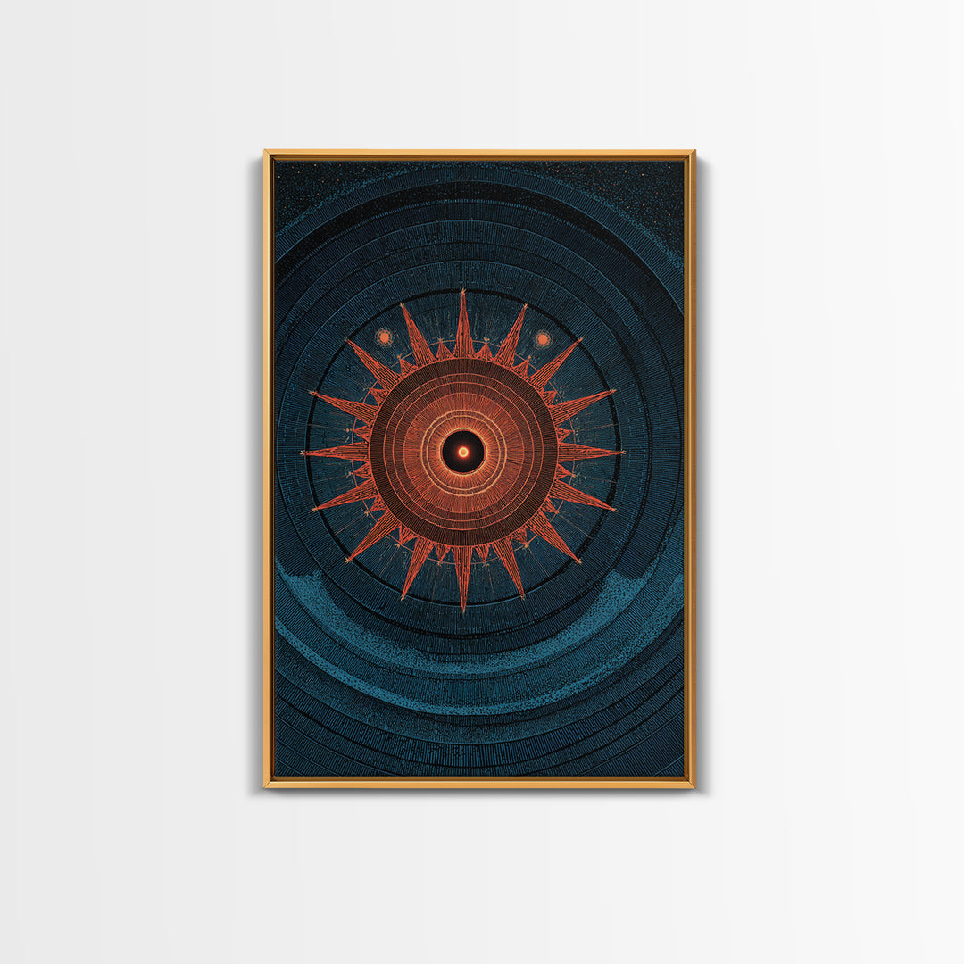 Mystic Solar Eclipse Compass Mandala Wall Art, Retro Sci Fi Poster, Modern Abstract Art Print, Teal Orange MCM Decor Gift