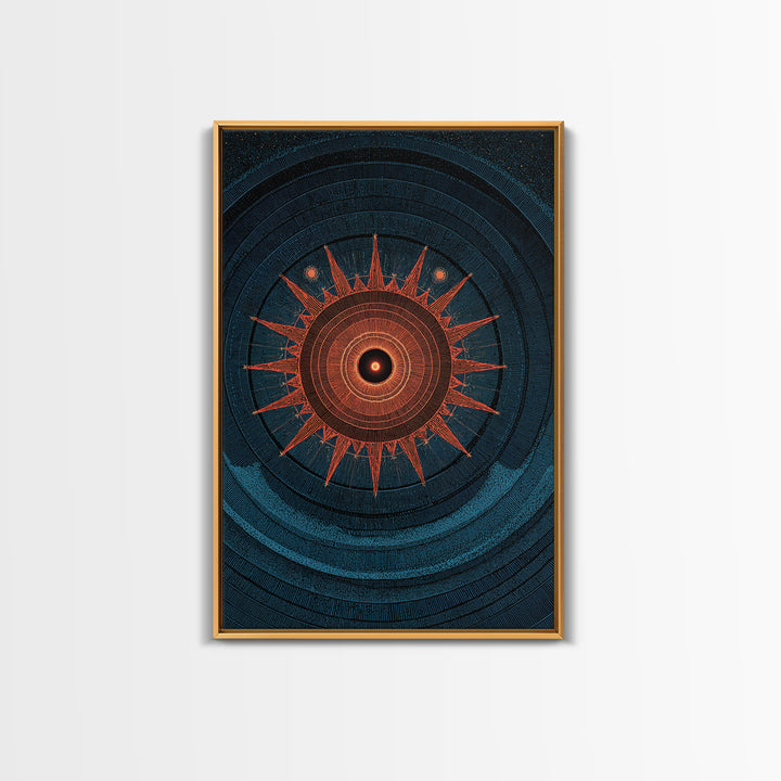 Mystic Solar Eclipse Compass Mandala Wall Art, Retro Sci Fi Poster, Modern Abstract Art Print, Teal Orange MCM Decor Gift