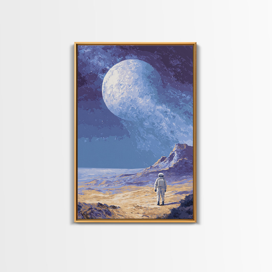 Lonely Astronaut On Icy Moon Wall Art, Retro Sci Fi Space Poster, Blue Planet Landscape, Modern MCM Room Decor Print Gift
