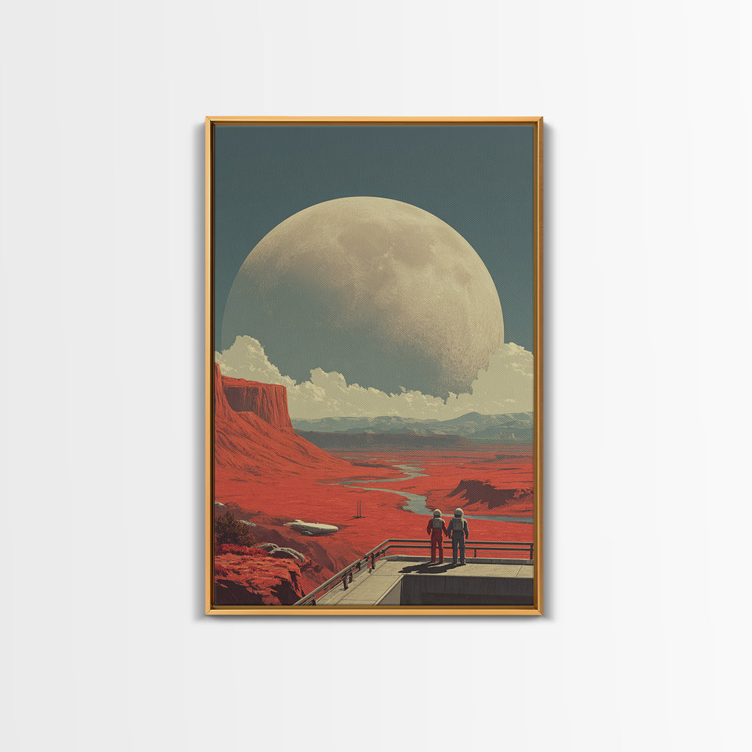 Red Mars Desert Astronauts Framed Canvas Print, Giant Moon Space Poster, Retro Sci Fi Landscape, Midcentury Modern Decor