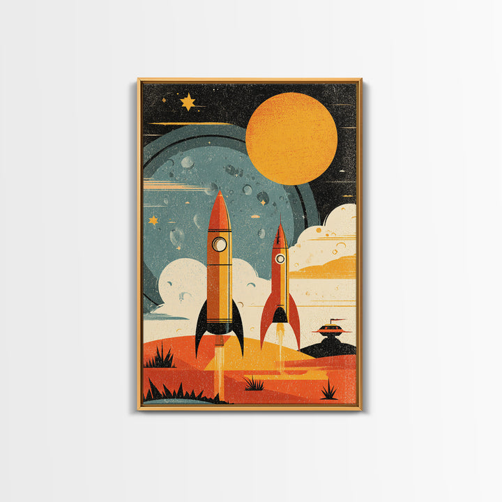 Orange Atomic Rockets And Sun Wall Art, Retro Space Age Poster, Midcentury Modern Sci Fi Decor, Bold MCM Canvas Print Gift