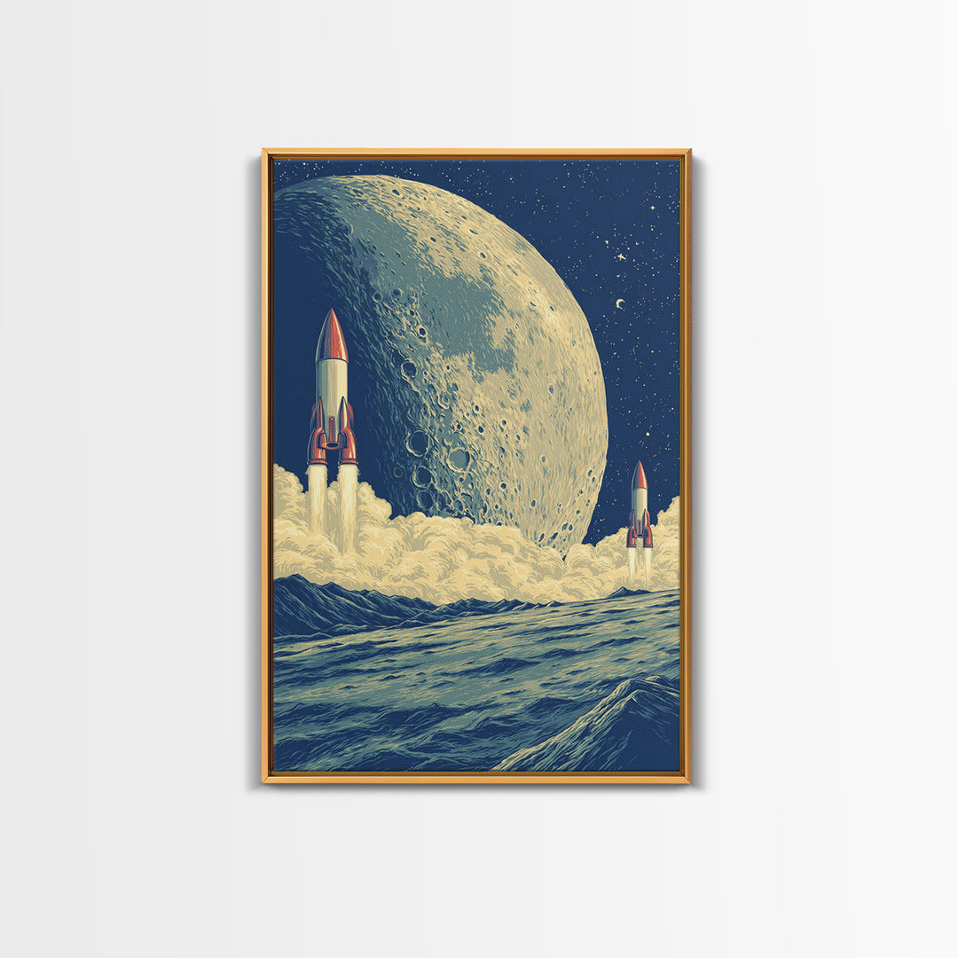 Rockets Launch From Lunar Waves Canvas Print, Giant Moon Sci Fi Poster, Retro Futuristic Wall Art, Space Age Room Decor Print
