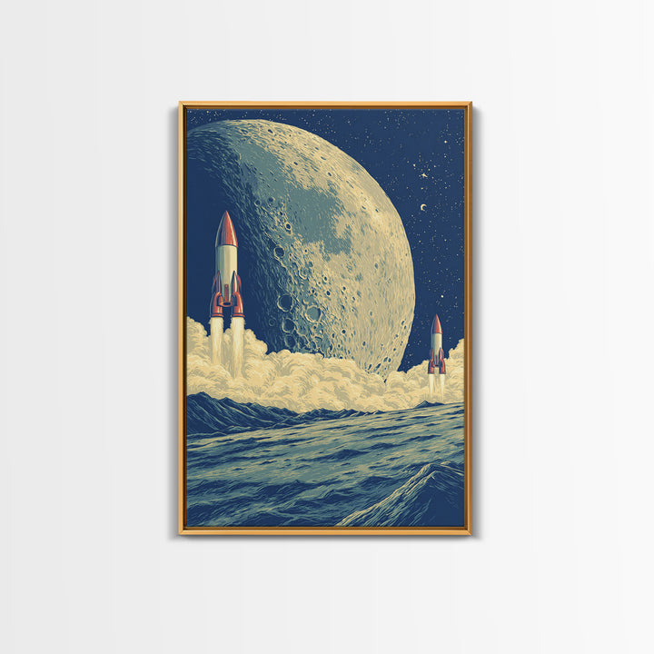 Rockets Launch From Lunar Waves Canvas Print, Giant Moon Sci Fi Poster, Retro Futuristic Wall Art, Space Age Room Decor Print