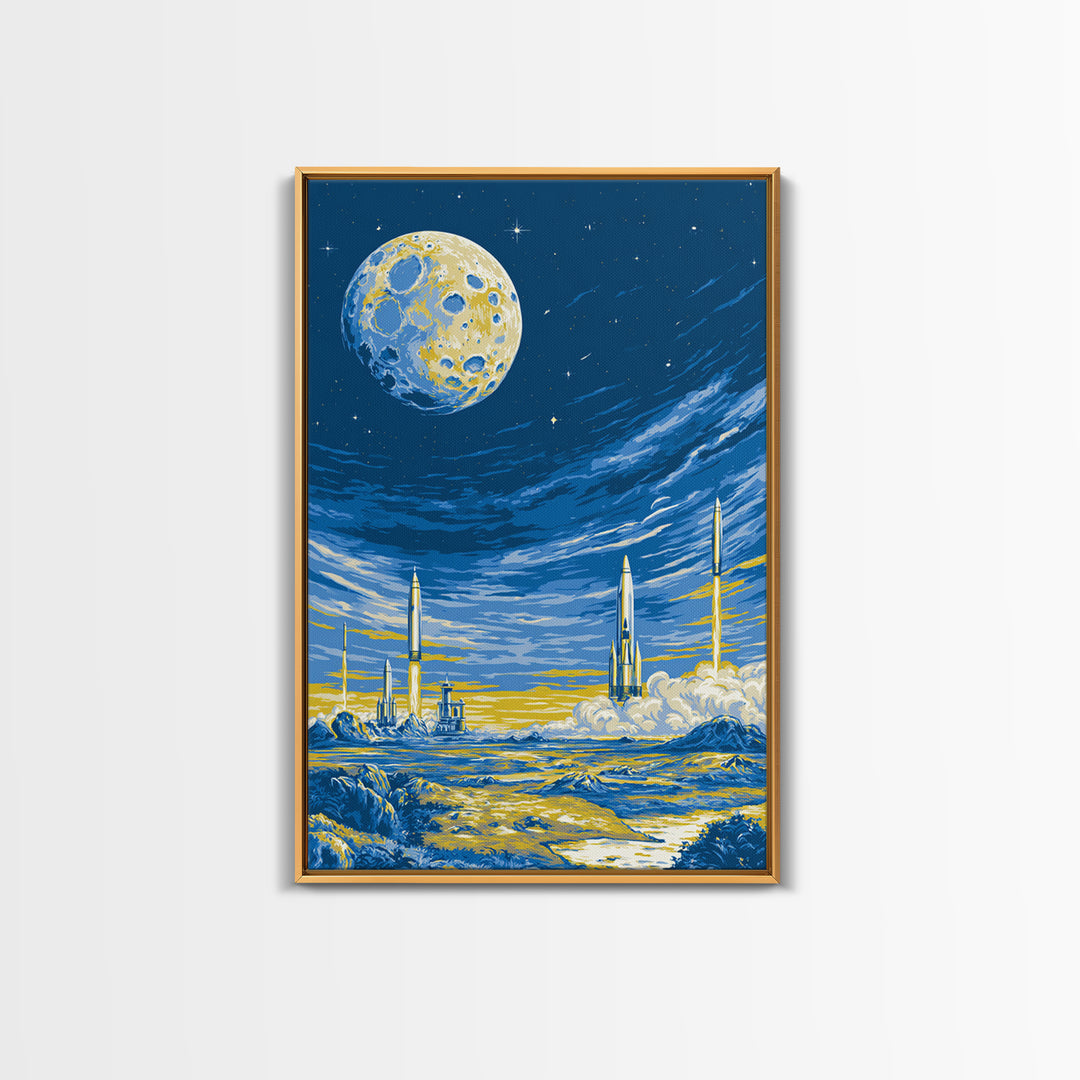 Blue Moon Rocket Colony Wall Art, Yellow Lunar Landscape Poster, Retro Sci Fi Space Decor, Midcentury Modern Room Print Gift