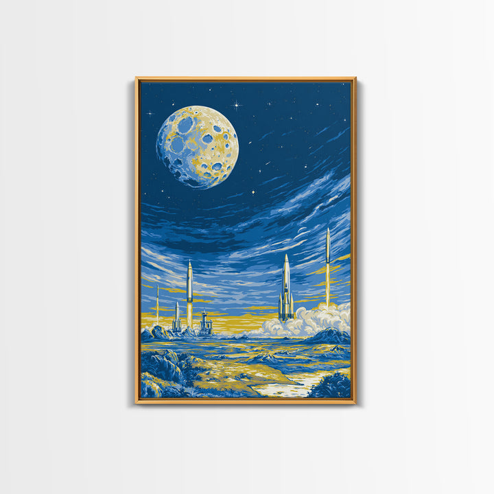 Blue Moon Rocket Colony Wall Art, Yellow Lunar Landscape Poster, Retro Sci Fi Space Decor, Midcentury Modern Room Print Gift