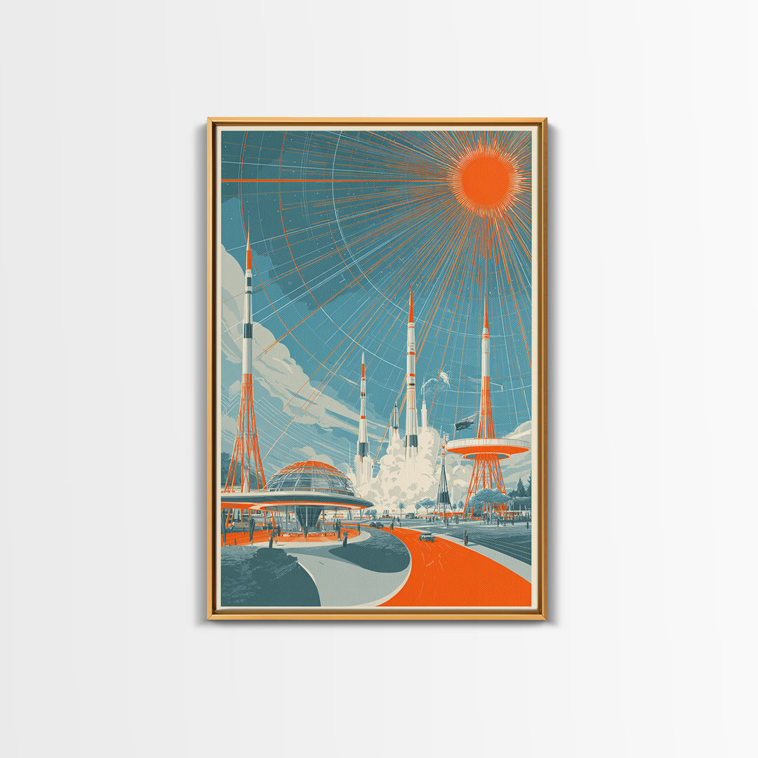 Retro Futuristic Rocket City Wall Art, Orange Sun Spaceport Poster, Midcentury Modern Sci Fi Decor, Atomic Ranch Print Gift