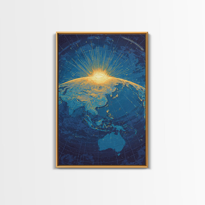 Golden Sunrise Over Earth Canvas Print, Midcentury Modern Map Art, Blue Space Poster, Retro Travel Office Wall Decor Gift