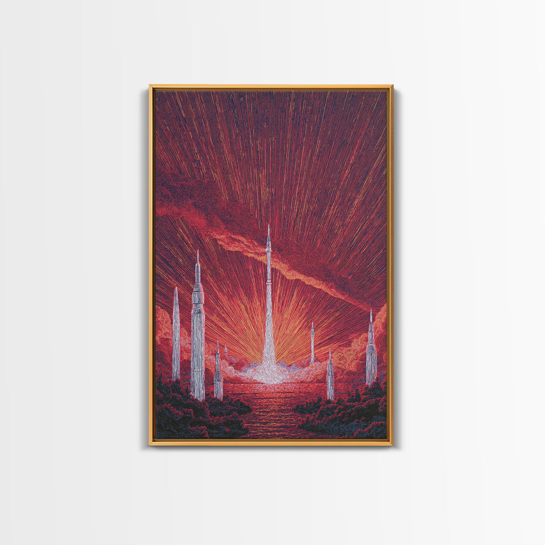 Fiery Red Rocket City At Sunrise Wall Art, Mid Century Modern Sci Fi Poster, Atomic Space Landscape, Retro MCM Decor Print