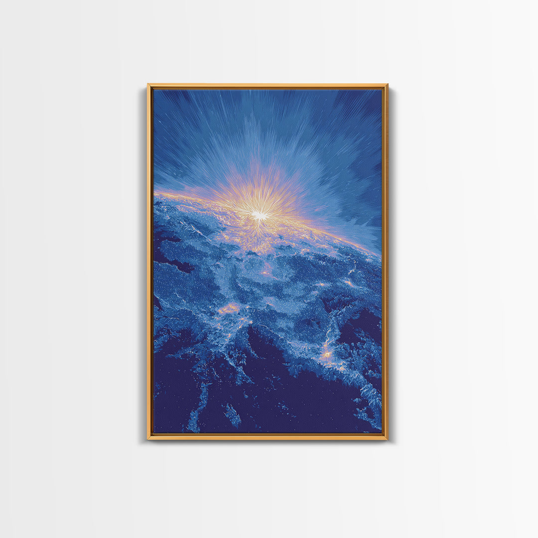Blue Cosmic Earth Sunrise Framed Canvas Print, Modern Abstract Space Art, Midcentury Poster, Galaxy Home Office Decor Gift