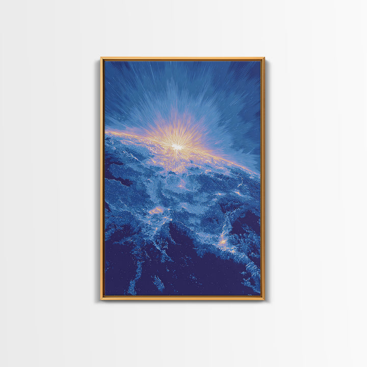 Blue Cosmic Earth Sunrise Framed Canvas Print, Modern Abstract Space Art, Midcentury Poster, Galaxy Home Office Decor Gift