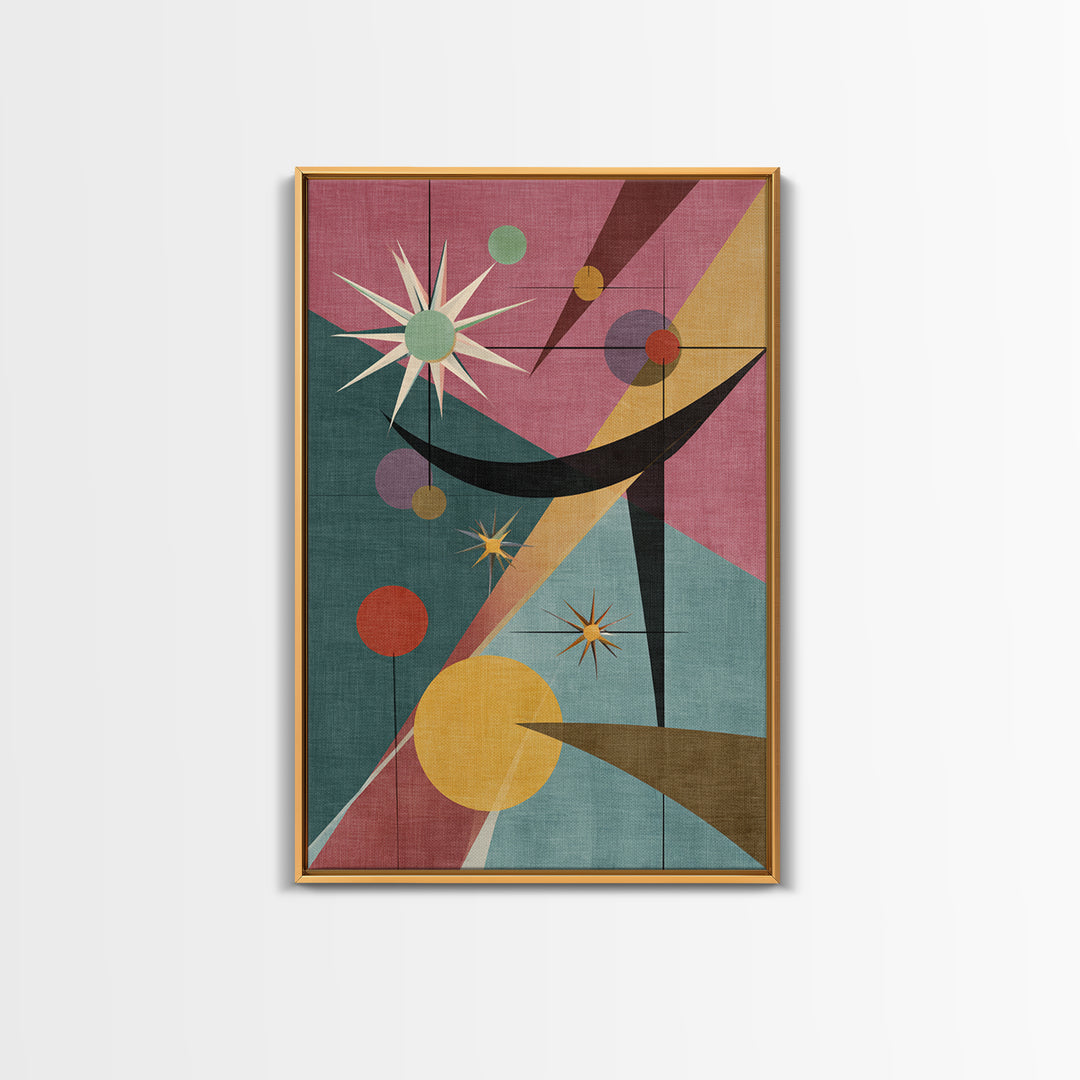Pink Teal Atomic Starburst Abstract Wall Art, Mid Century Modern Poster, Retro Geometric MCM Living Room Decor Print Gift