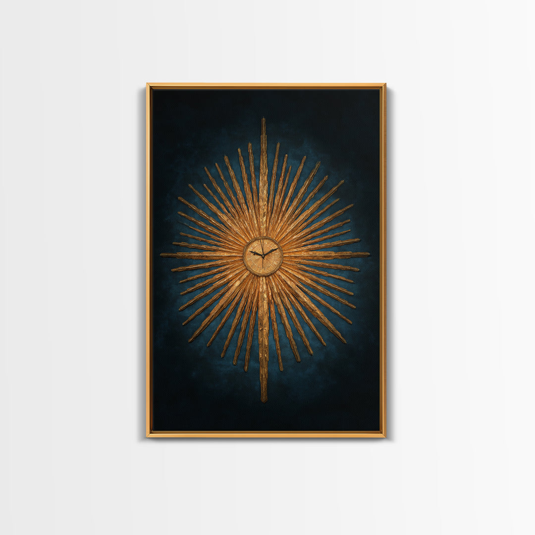 Golden Sunburst Clock On Moody Blue Wall Art, Mid Century Modern Decor, MCM Wall Decor, Atomic Retro Art Print, Home Decor