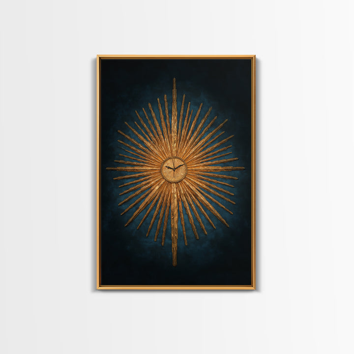 Golden Sunburst Clock On Moody Blue Wall Art, Mid Century Modern Decor, MCM Wall Decor, Atomic Retro Art Print, Home Decor