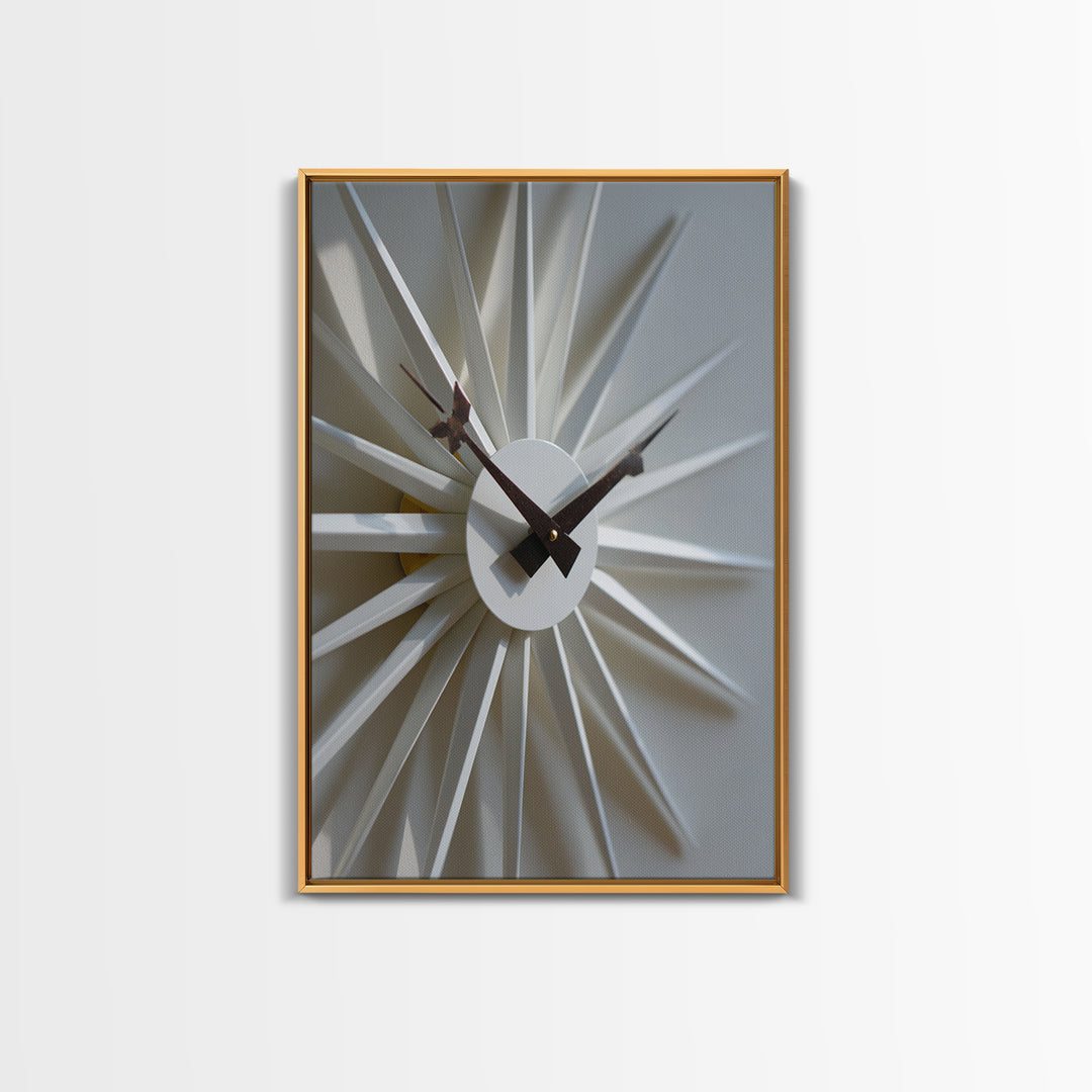 Minimal White Sunburst Clock Framed Canvas Print, Mid Century Modern Decor, Geometric Wall Art, Scandinavian Modern, MCM Artwork