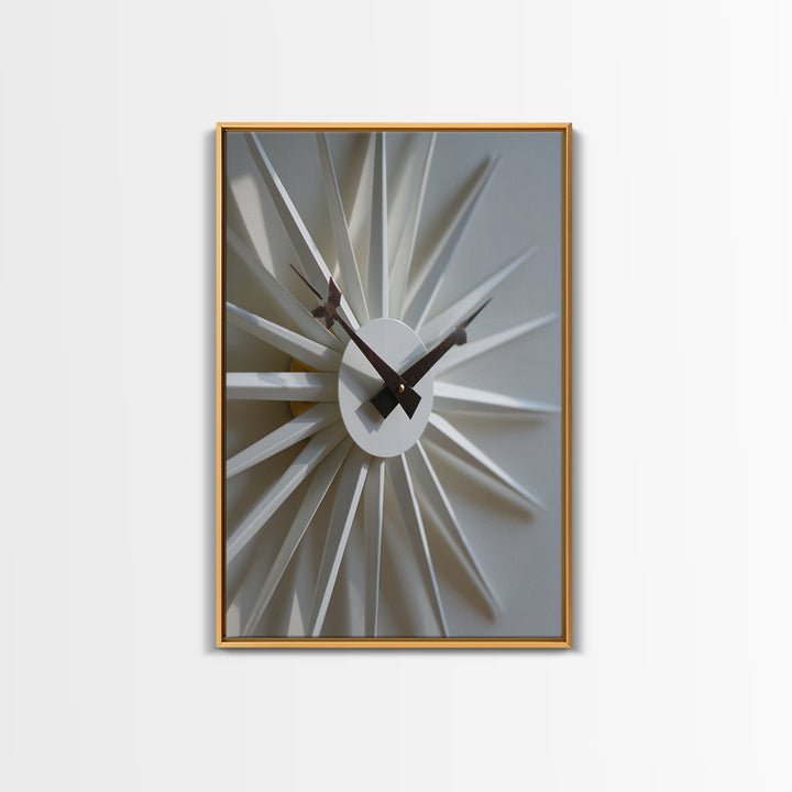 Minimal White Sunburst Clock Framed Canvas Print, Mid Century Modern Decor, Geometric Wall Art, Scandinavian Modern, MCM Artwork