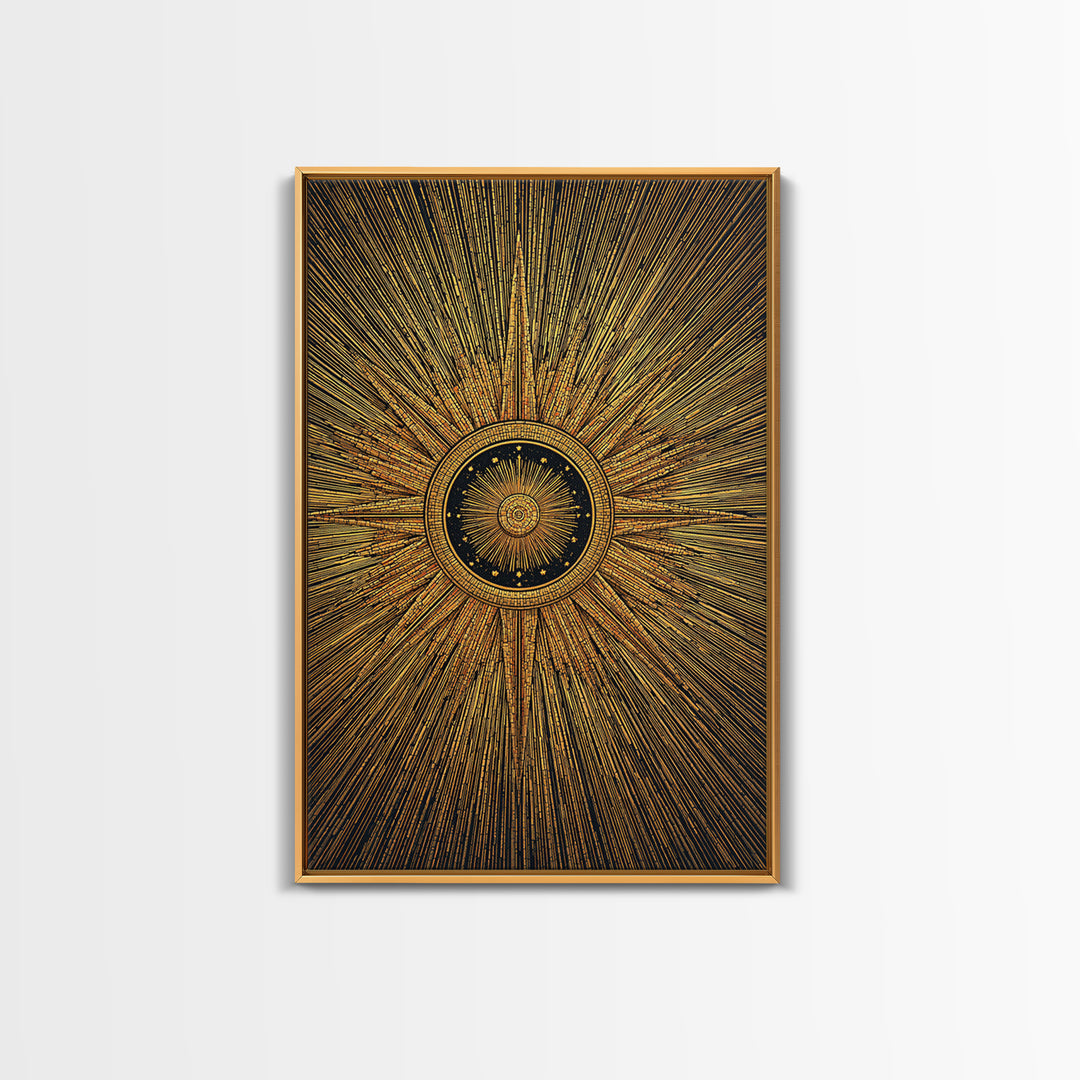Ornate Gold Sunburst Clock Canvas Print, Midcentury Modern Art, Geometric Art Deco, Atomic Retro Wall Art, Statement Wall Decor