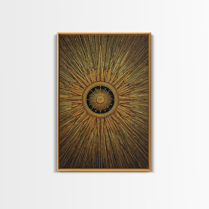 Ornate Gold Sunburst Clock Canvas Print, Midcentury Modern Art, Geometric Art Deco, Atomic Retro Wall Art, Statement Wall Decor