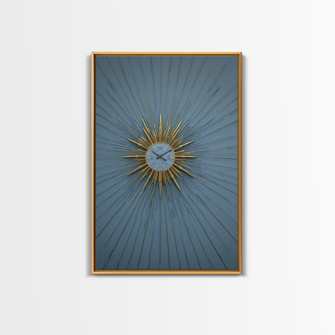 Blue And Gold Starburst Clock Framed Canvas Print, Mid Century Modern Decor, Atomic Wall Art, MCM Artwork, Large Canvas Print