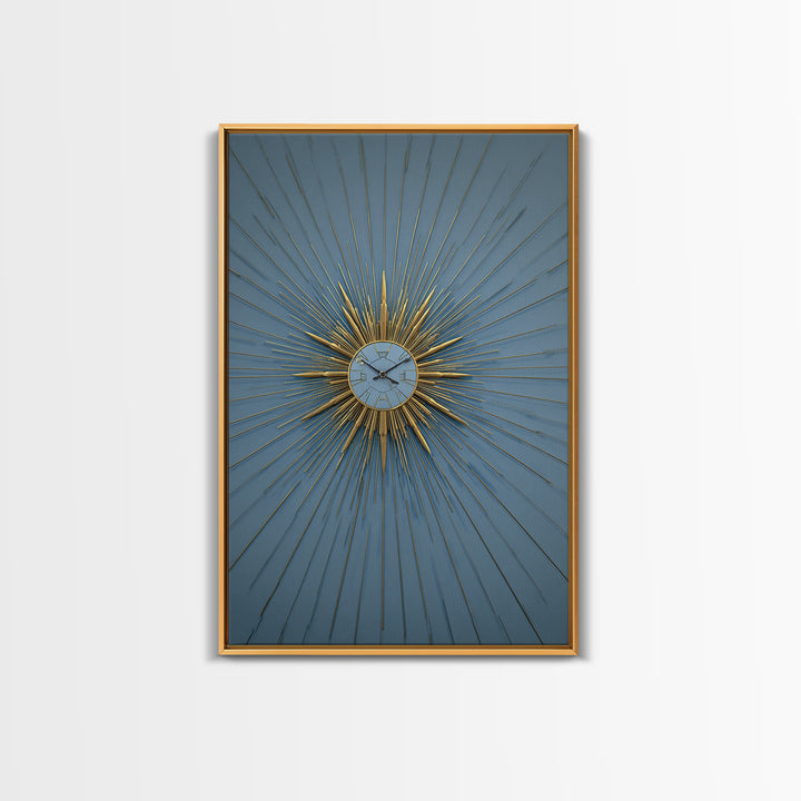 Blue And Gold Starburst Clock Framed Canvas Print, Mid Century Modern Decor, Atomic Wall Art, MCM Artwork, Large Canvas Print