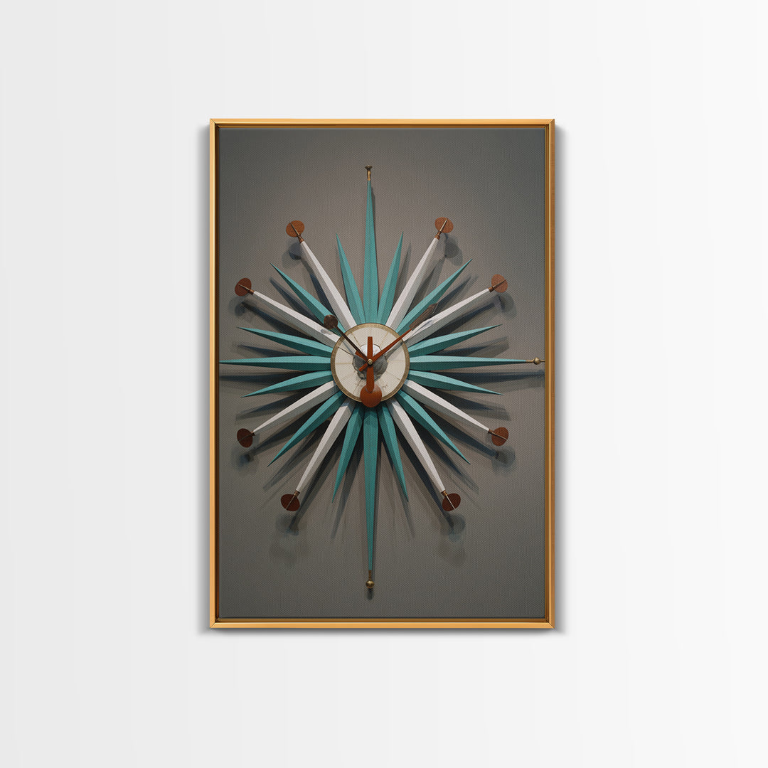 Teal White Atomic Starburst Clock Wall Art, Mid Century Modern Decor, Retro Wall Decor, Geometric Art Print, MCM Home Decor