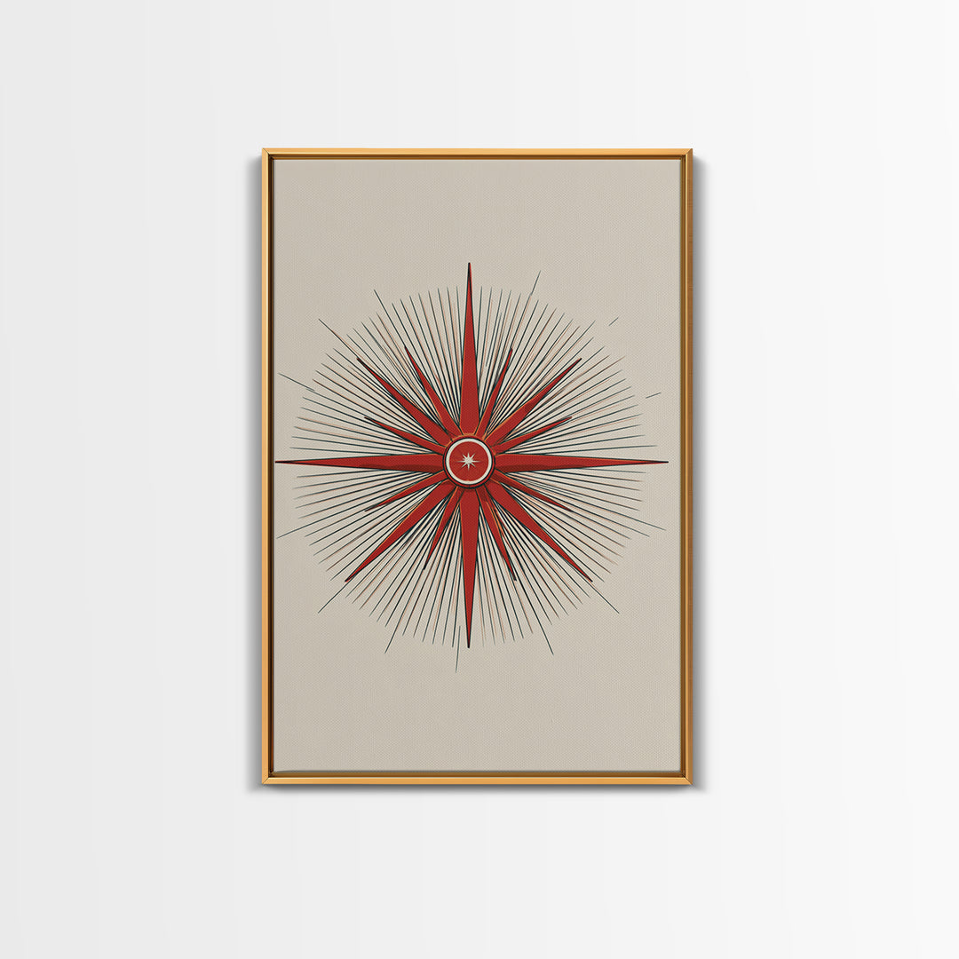 Red Compass Starburst Abstract Canvas Print, Mid Century Modern Art, Atomic Retro Poster, Geometric Wall Art, Minimalist Decor