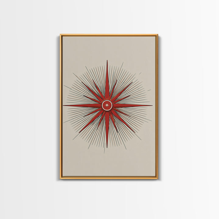 Red Compass Starburst Abstract Canvas Print, Mid Century Modern Art, Atomic Retro Poster, Geometric Wall Art, Minimalist Decor