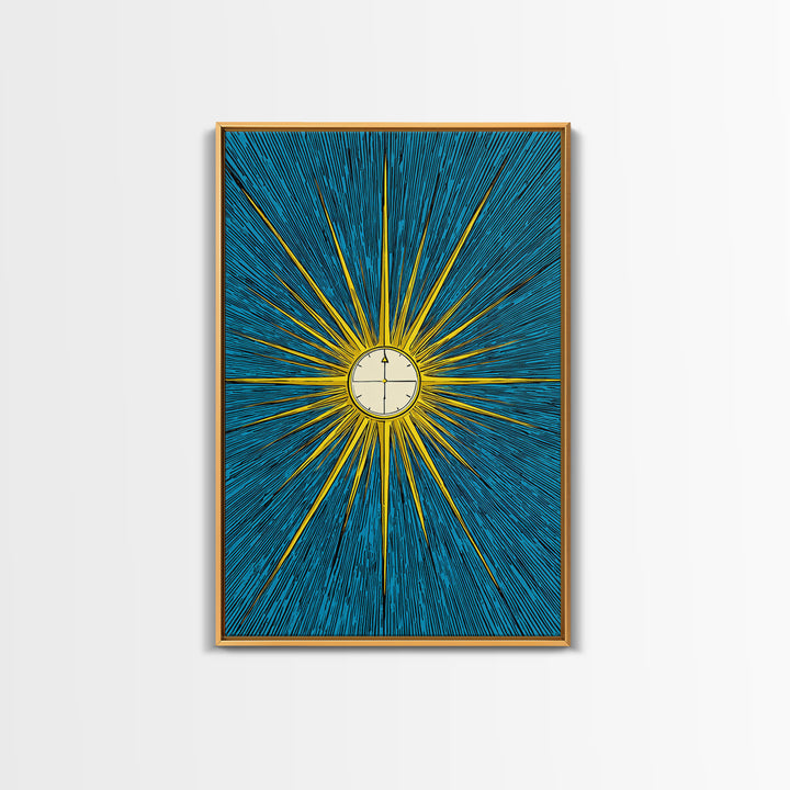 Radiant Atomic Clock Sunburst Wall Art, Midcentury Modern Art Print, Retro Sci Fi Poster, Blue Yellow MCM Decor For Office