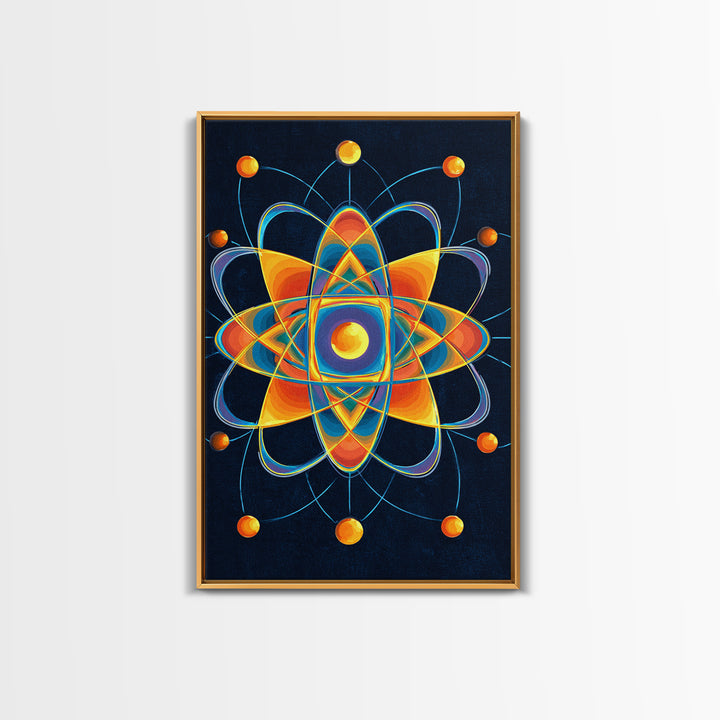 Colorful Atomic Mandala Framed Canvas Print, Midcentury Modern Wall Art, Geometric Sci Fi Poster, Retro Office Decor Gift