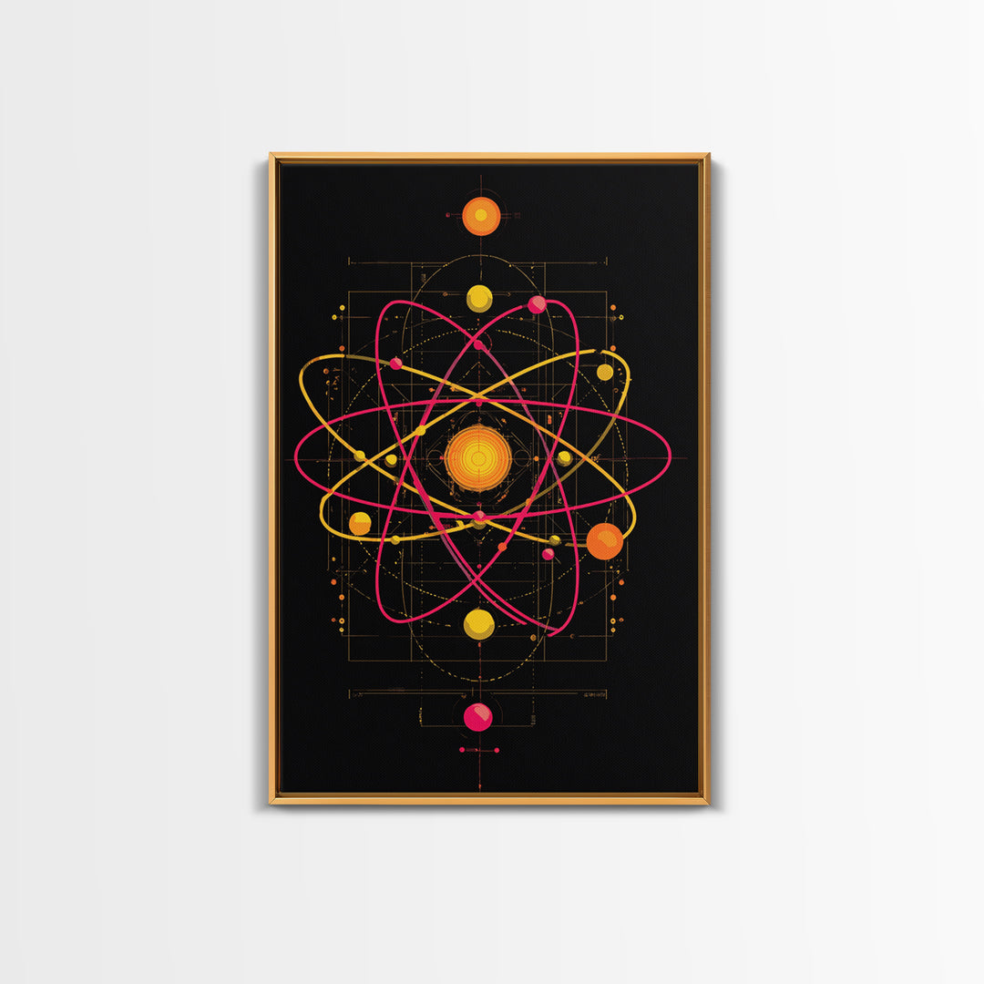 Technical Atom Diagram Canvas Print, Midcentury Modern Art, Retro Science Wall Decor, Black Pink Atomic Poster For Office