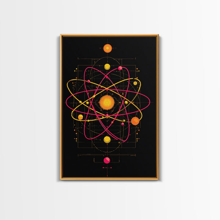 Technical Atom Diagram Canvas Print, Midcentury Modern Art, Retro Science Wall Decor, Black Pink Atomic Poster For Office
